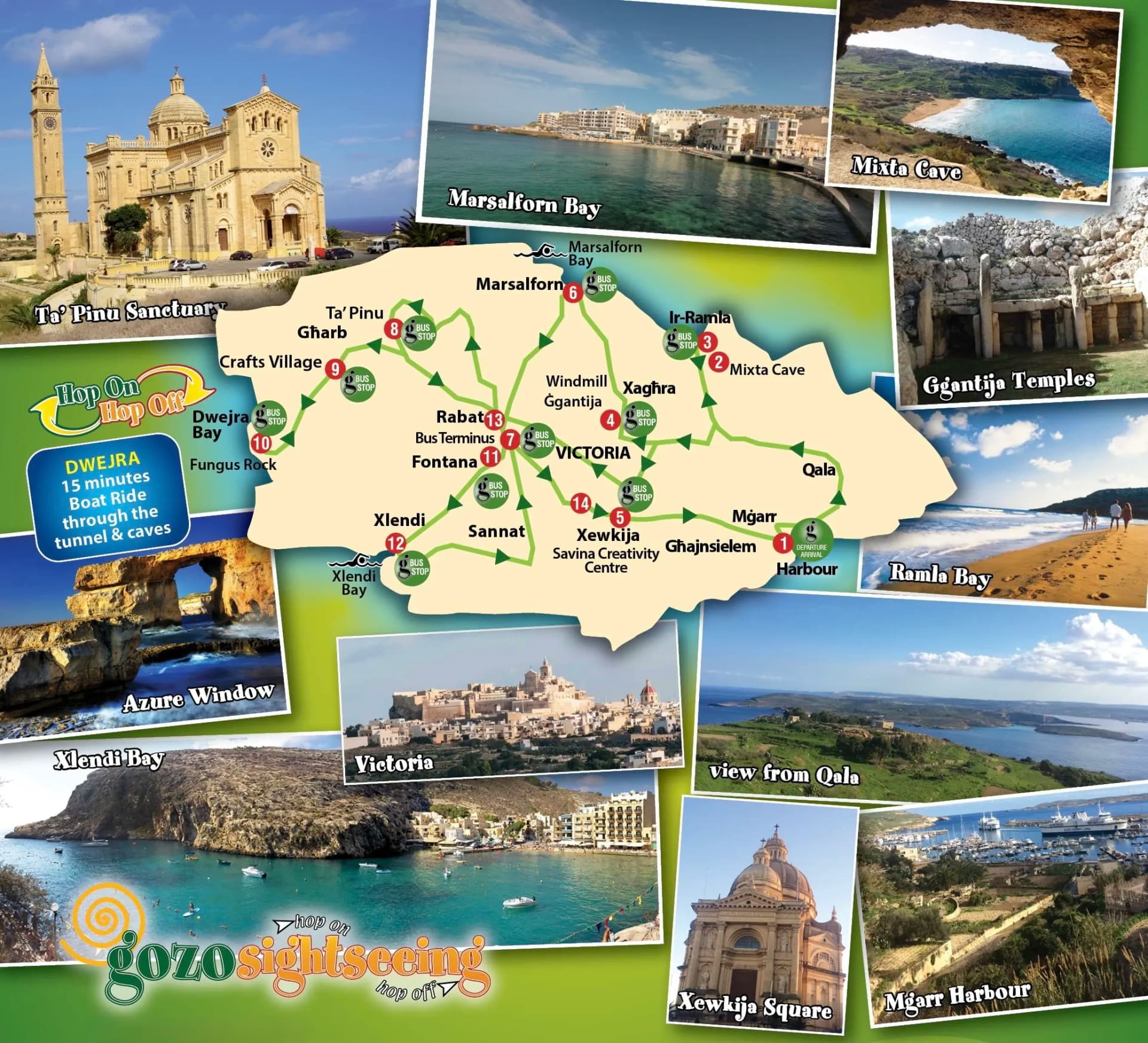 Gozo Sightseeing Hop-On Hop-Off bus route map showing all stops across Gozo island